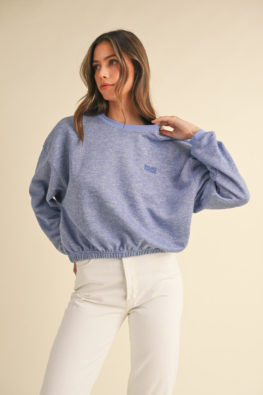 Riley Round Neck Letter Embroidery Crop Sweatshirt