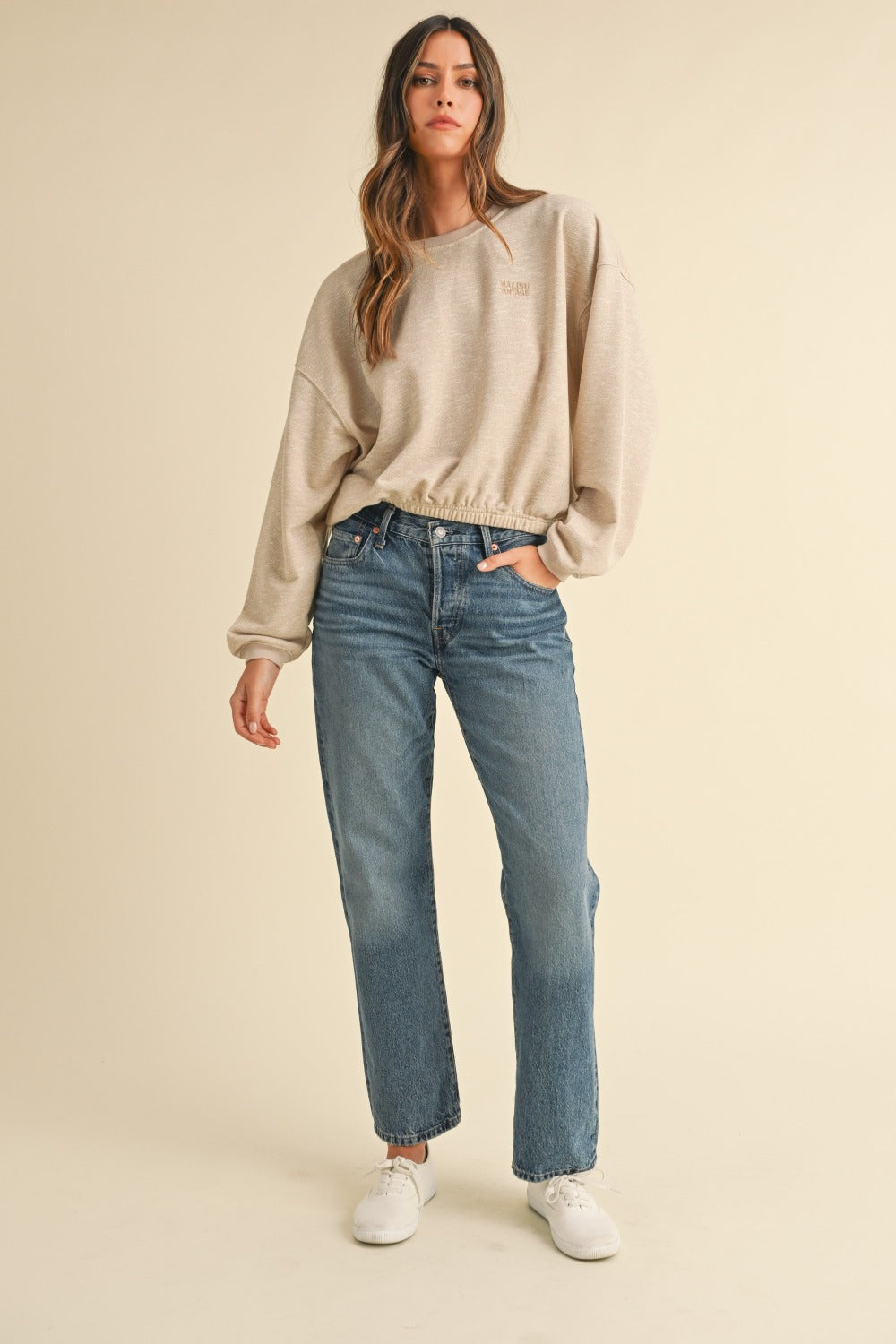 Riley Round Neck Letter Embroidery Crop Sweatshirt