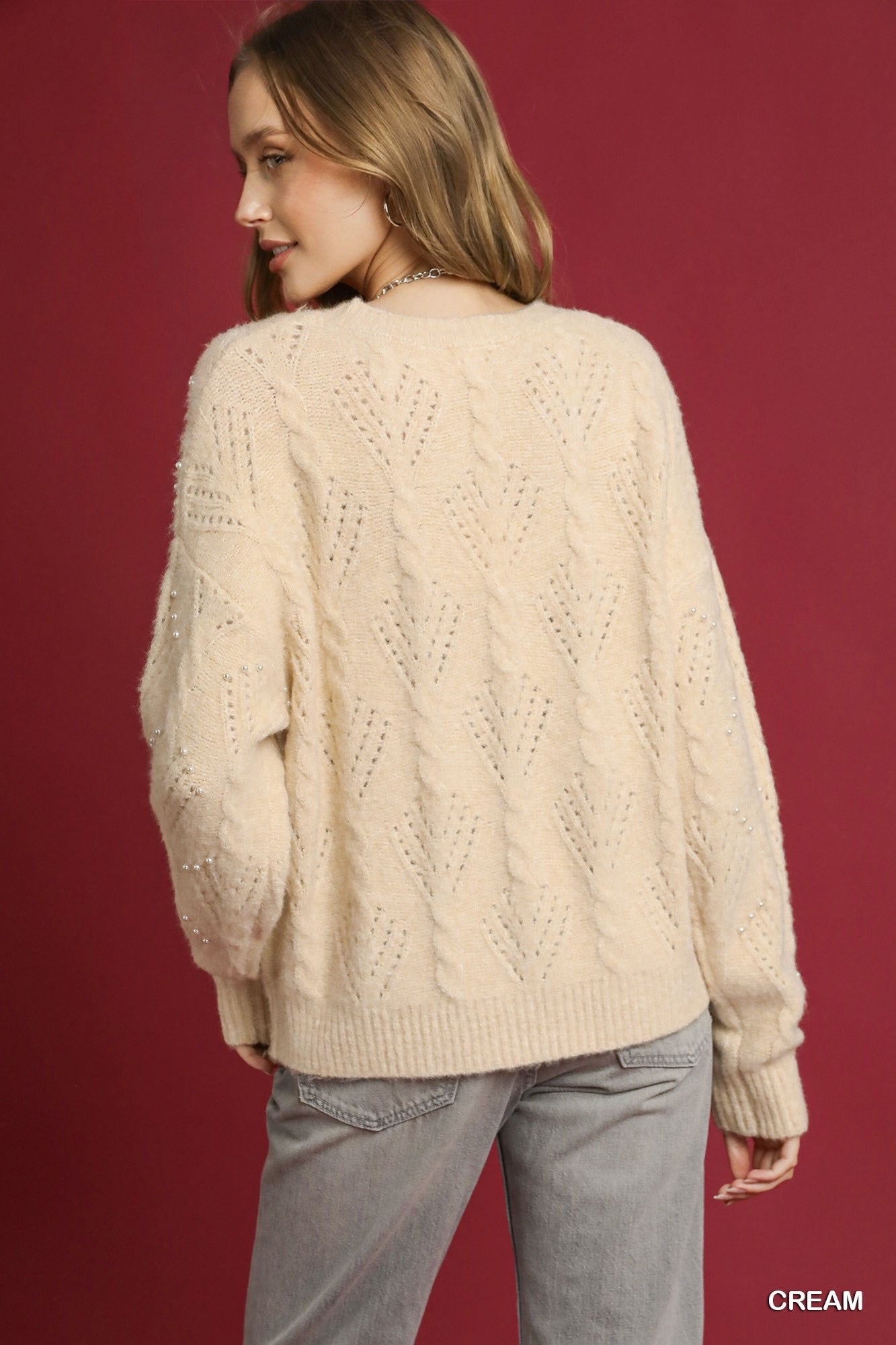 Elegant Pearl-Embellished Long Sleeve Sweater