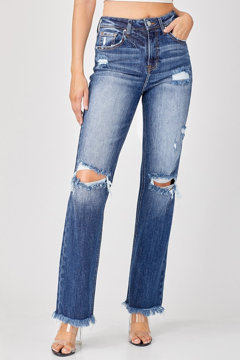 Ashley Risen Full Size Raw Hem Distressed Straight Jeans