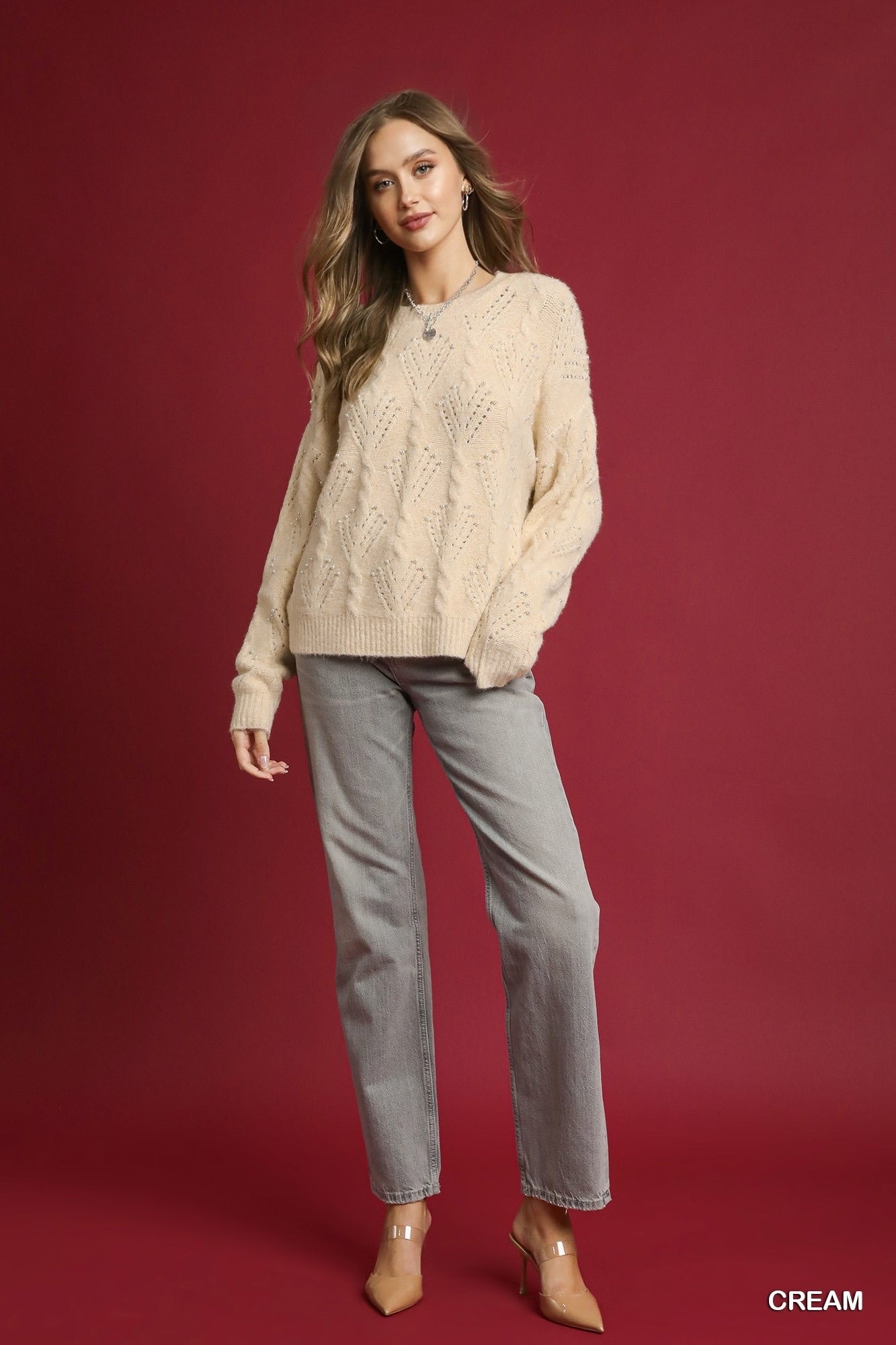 Elegant Pearl-Embellished Long Sleeve Sweater