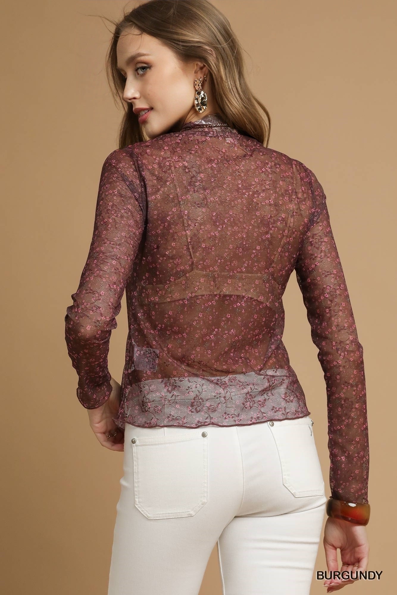 Luxe Nylon Lace Mesh Long Sleeve Top