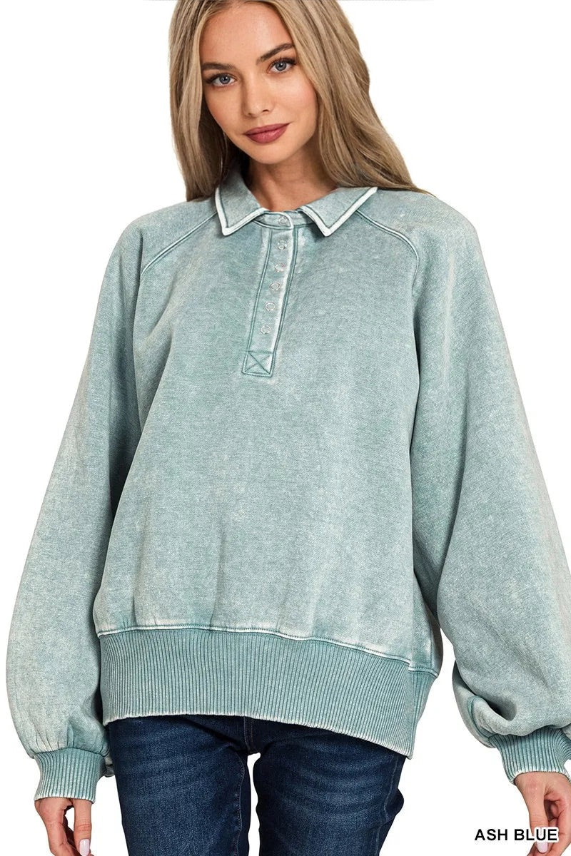 Terry Acid Wash Fleece Collared Sweatshirt