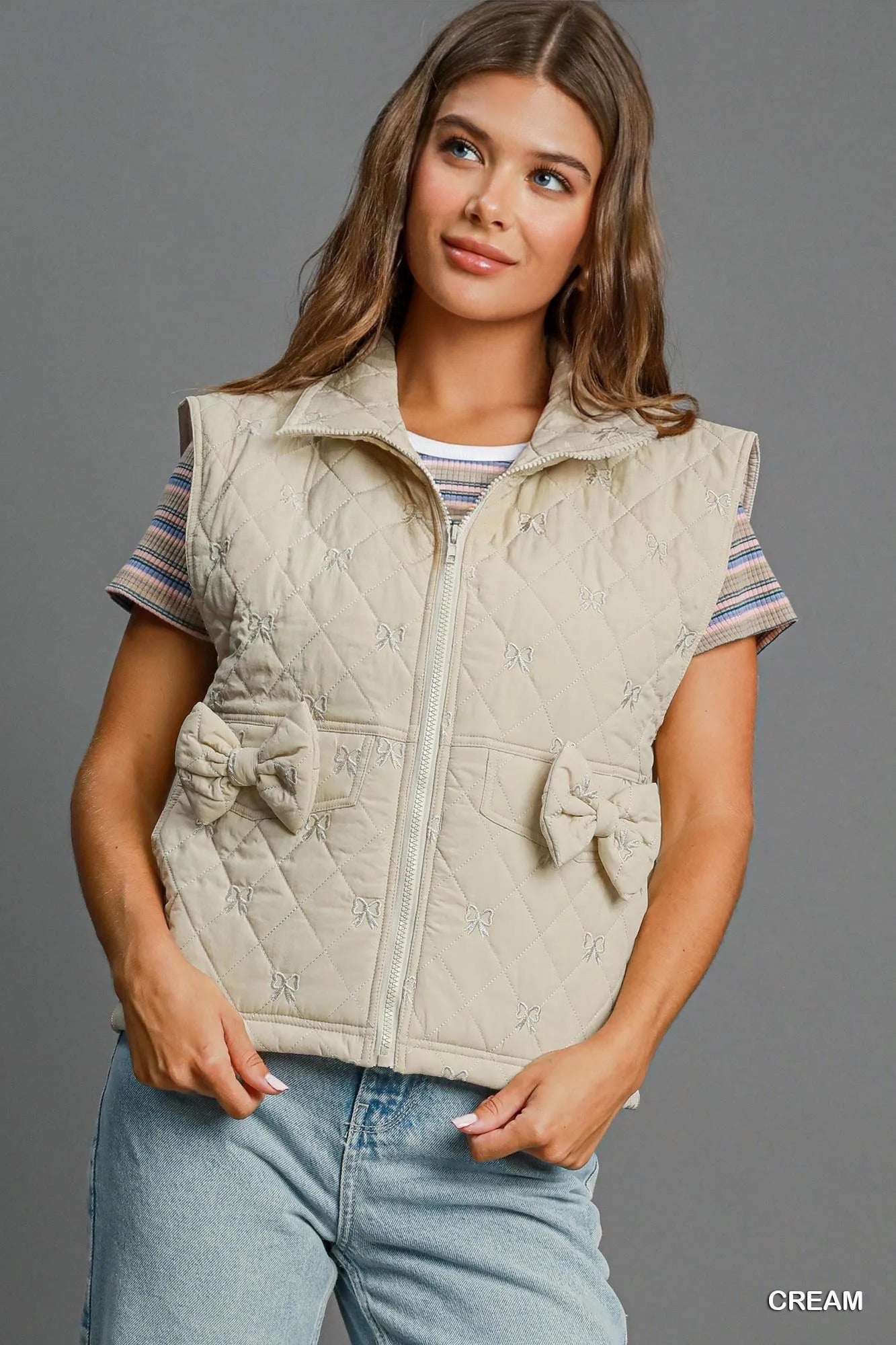 Sleeveless Quilted Vest with Bow Details