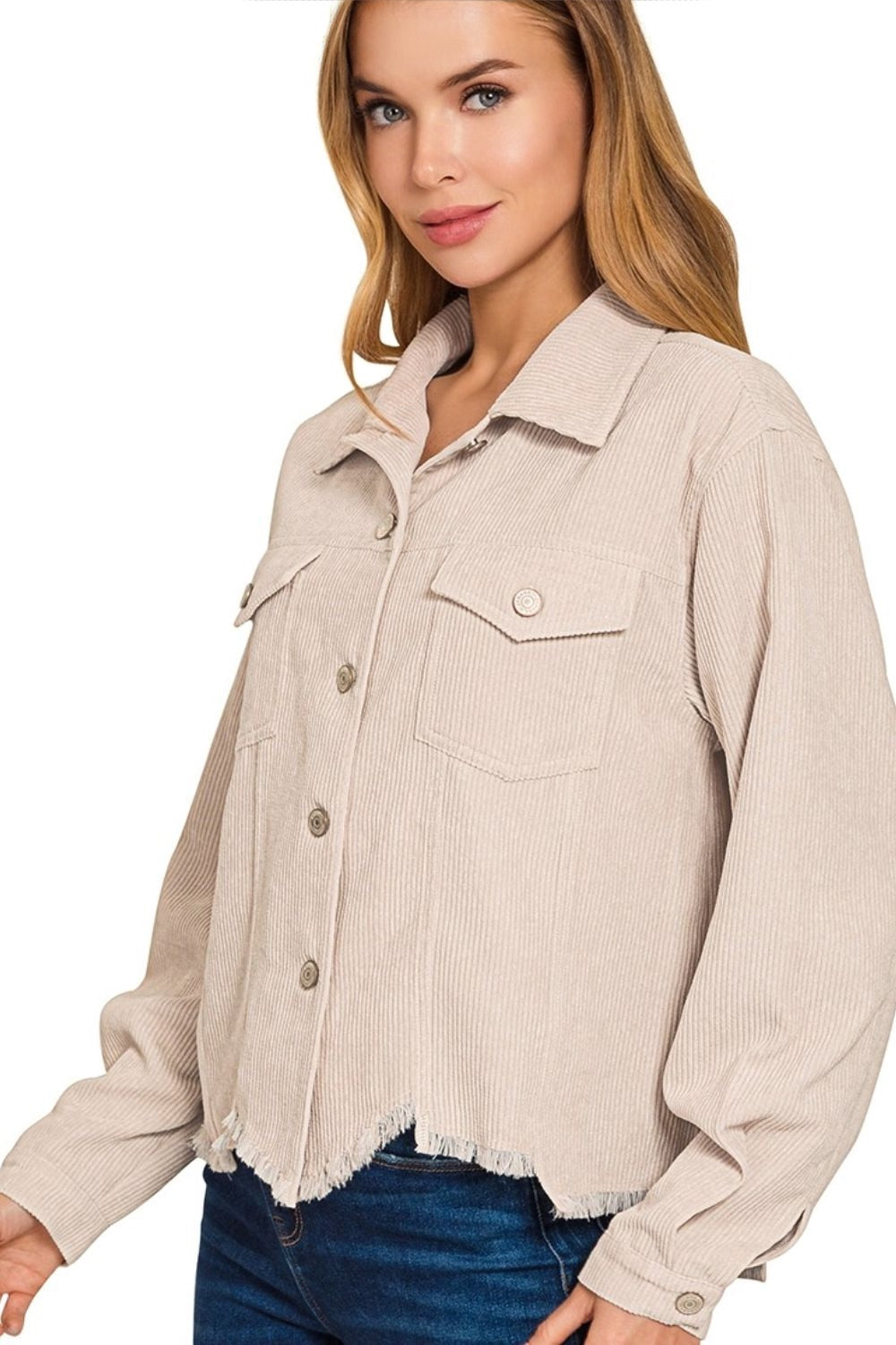 Cozy Vibes Distressed Corduroy Frayed Hem Cropped Jacket