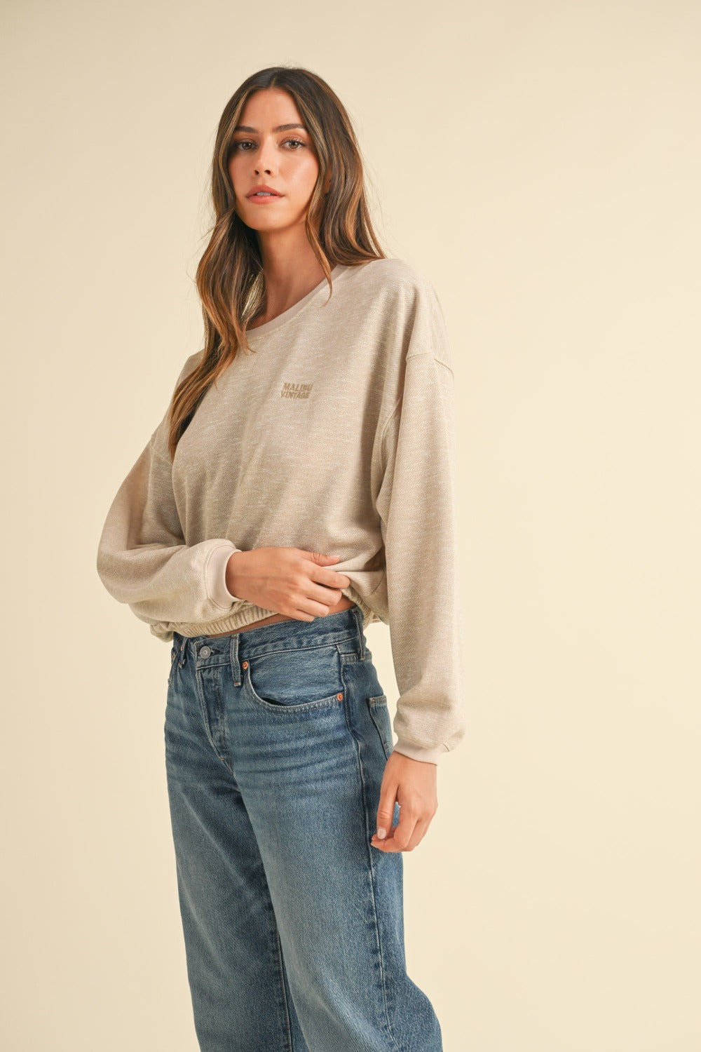 Riley Round Neck Letter Embroidery Crop Sweatshirt