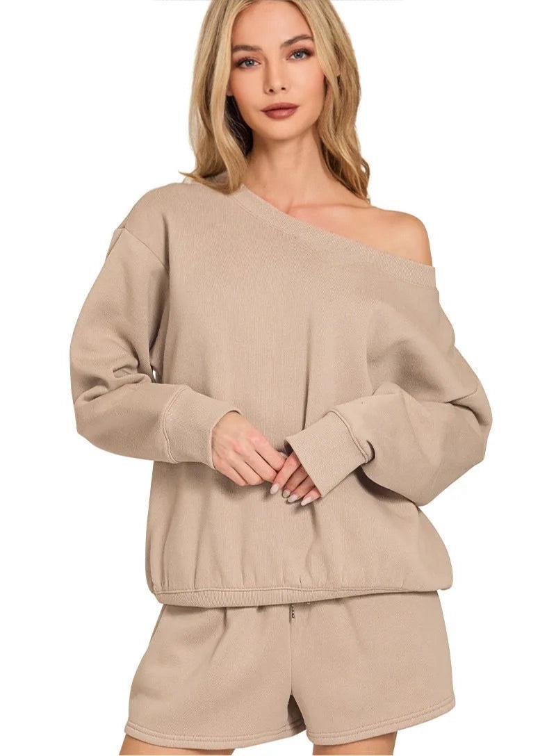 Fleece Boat Neck Sweatshirt and Shorts Set