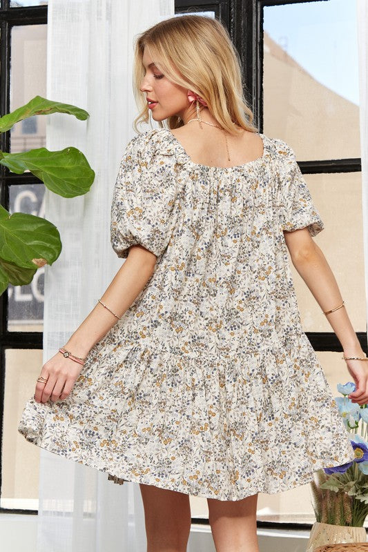 Floral Square Neck Puff Sleeve Dress