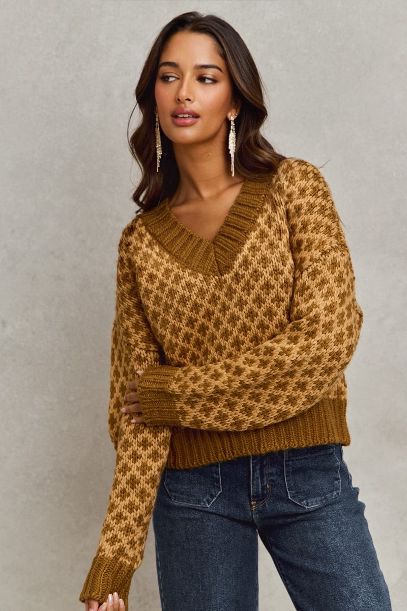 Color Block Textured Christmas Sweater V Neck Top