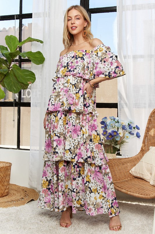 Layered Floral Off-Shoulder Short Sleeve Maxi Dress