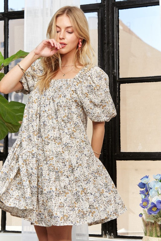 Floral Square Neck Puff Sleeve Dress
