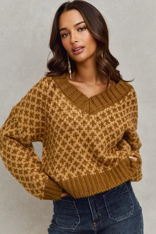 Color Block Textured Christmas Sweater V Neck Top