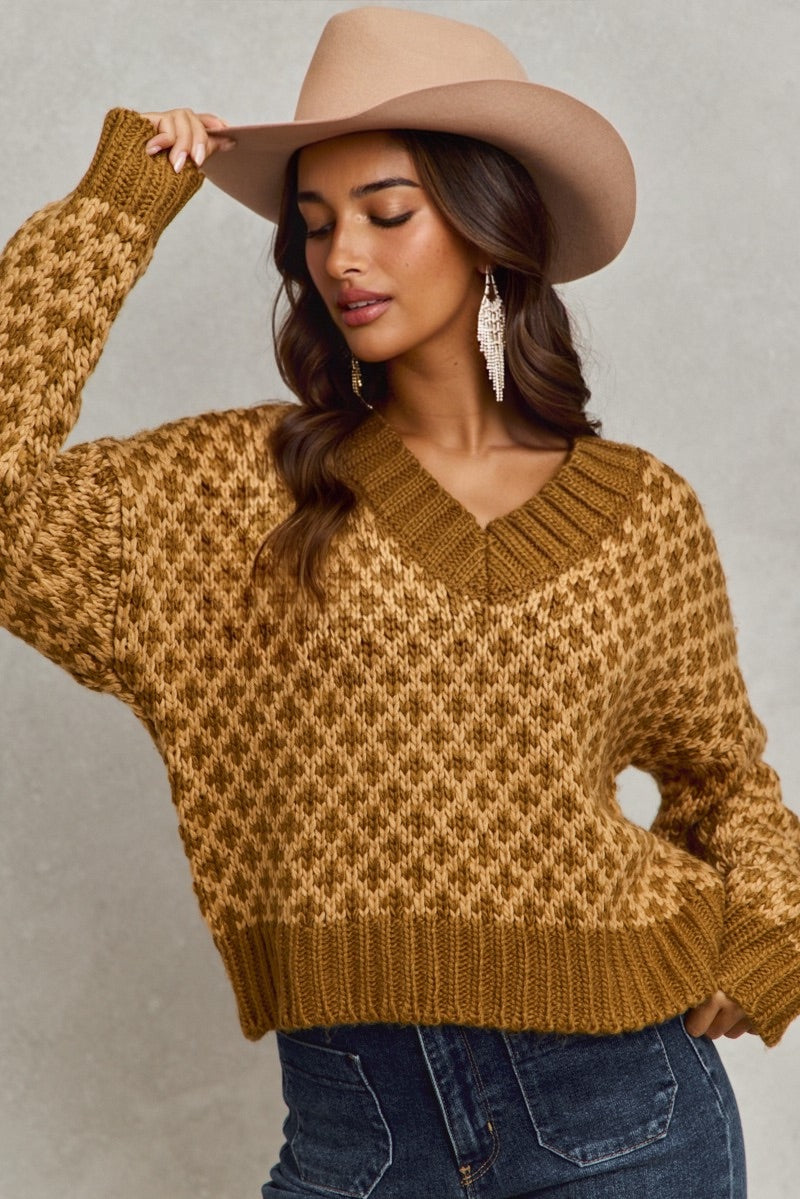 Color Block Textured Christmas Sweater V Neck Top