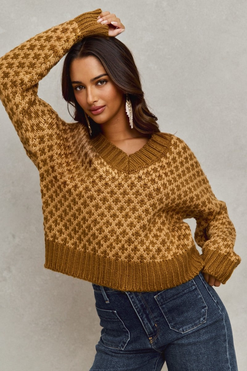 Color Block Textured Christmas Sweater V Neck Top