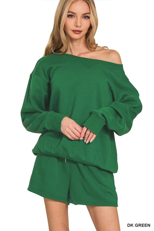 Fleece Boat Neck Sweatshirt and Shorts Set