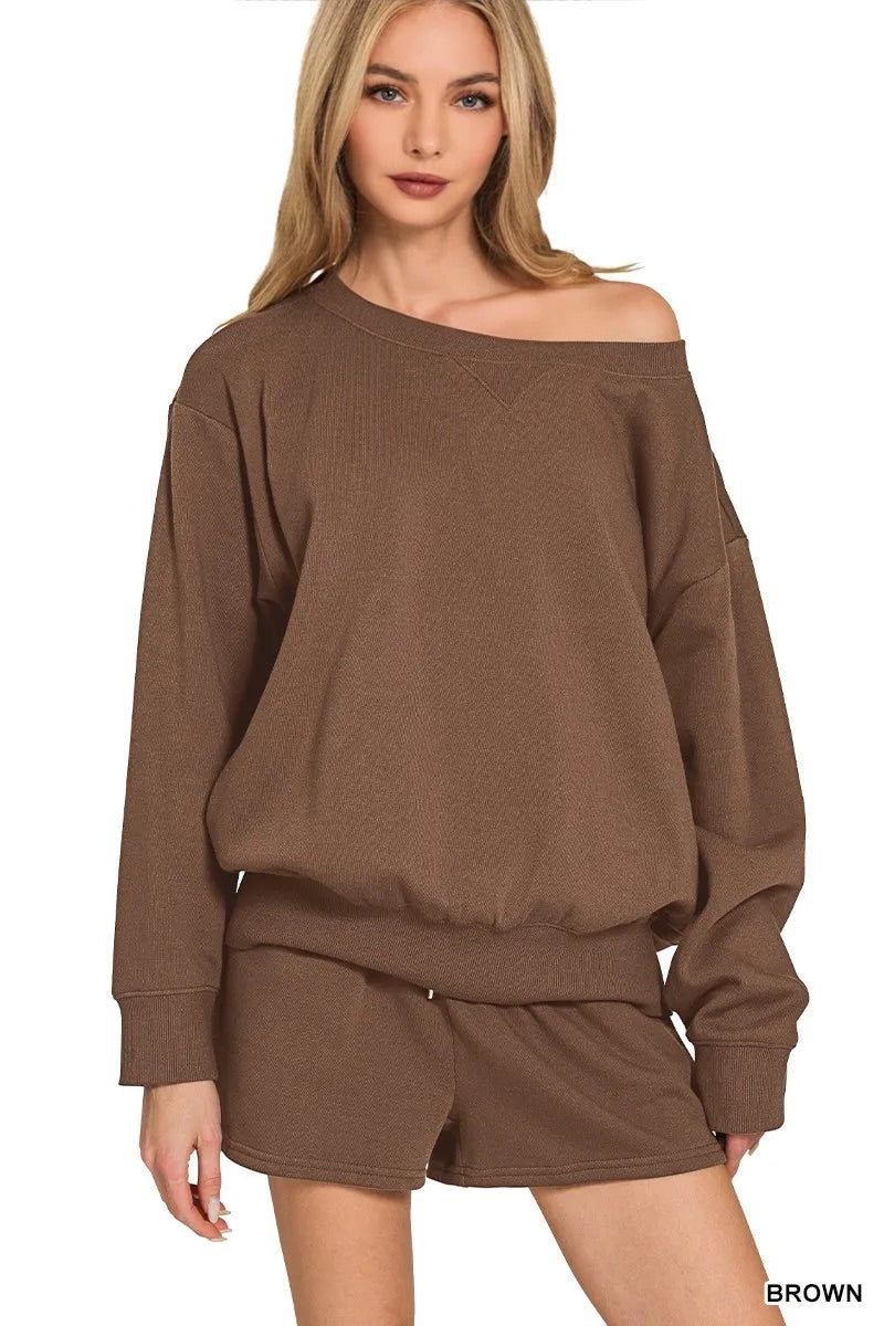 Fleece Boat Neck Sweatshirt and Shorts Set