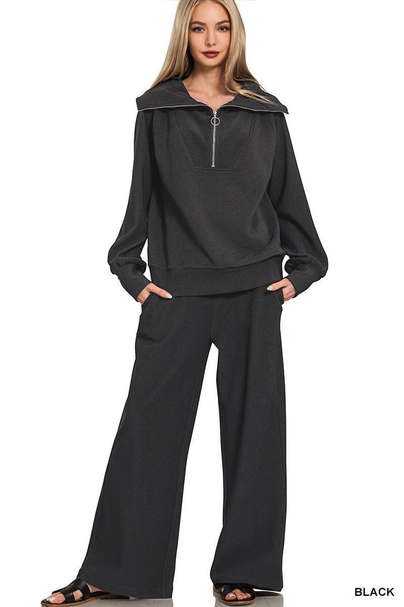 Lounge Around Ribbed High Neck Half Zip Pullover & Pants Set
