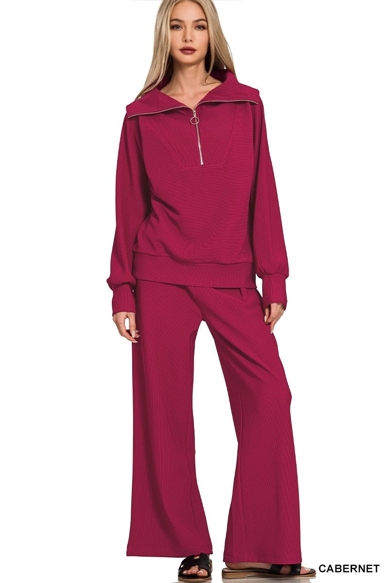 Lounge Ribbed High Neck Half Zip Pullover & Pants Set