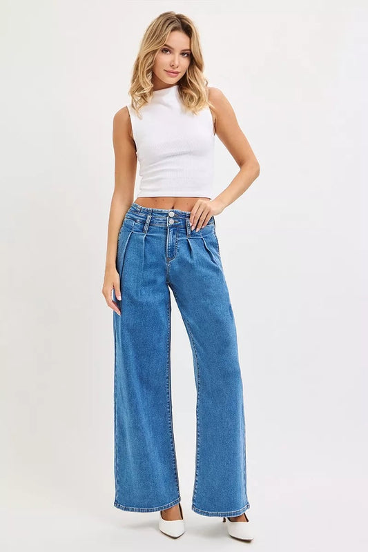 Deborah RISEN Mid Rise Fit Wide Leg with Pleated Detail Jeans Plus Size