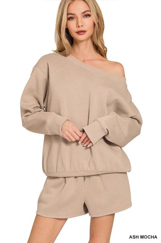 Fleece Boat Neck Sweatshirt and Shorts Set
