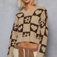 V-Neck Heart Pattern Checkered Sweater