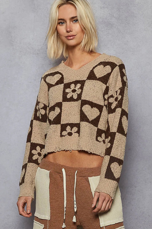 V-Neck Heart Pattern Checkered Sweater