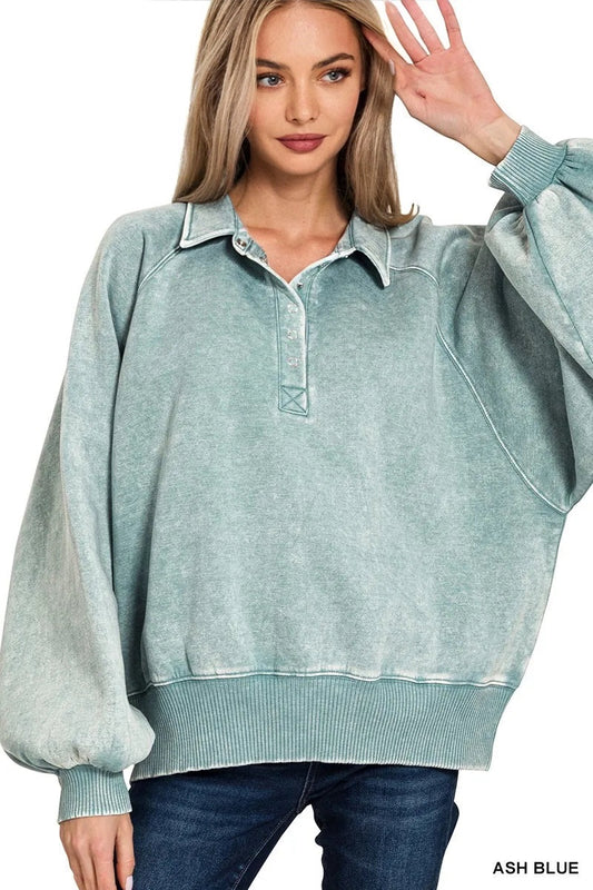 Terry Acid Wash Fleece Collared Sweatshirt