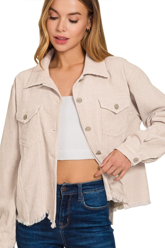 Cozy Vibes Distressed Corduroy Frayed Hem Cropped Jacket