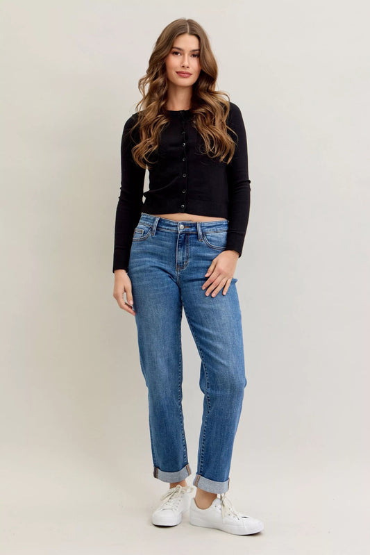 Lola Judy Blue Mid Rise BF Classic Cuffed Jeans Plus Size