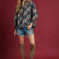Abstract Print Ruffle Neck Top