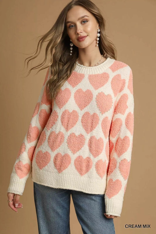 Heart Me Mix Heart Pattern Pearl Accent Sweater