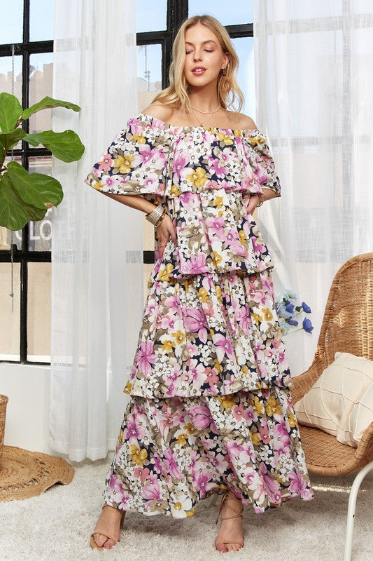 Layered Floral Off-Shoulder Short Sleeve Maxi Dress