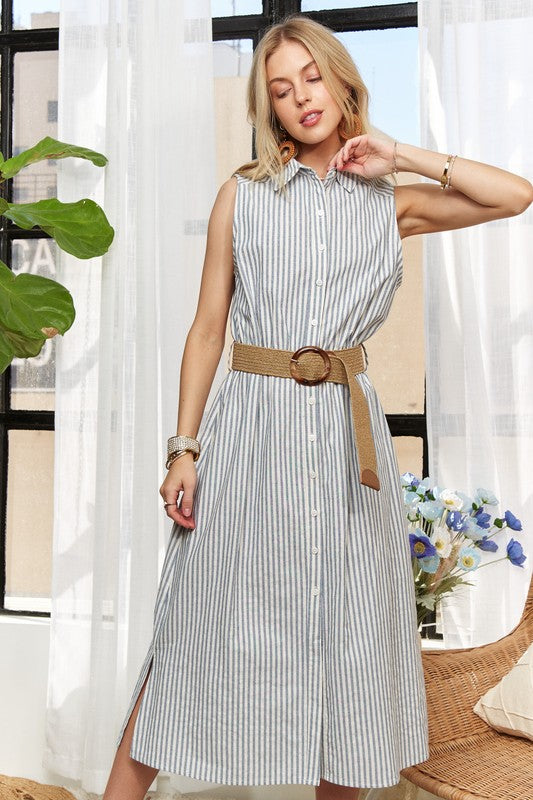 Striped Button Down Sleeveless Midi Dress