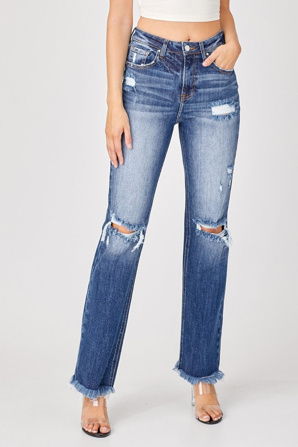 Ashley Risen Full Size Raw Hem Distressed Straight Jeans