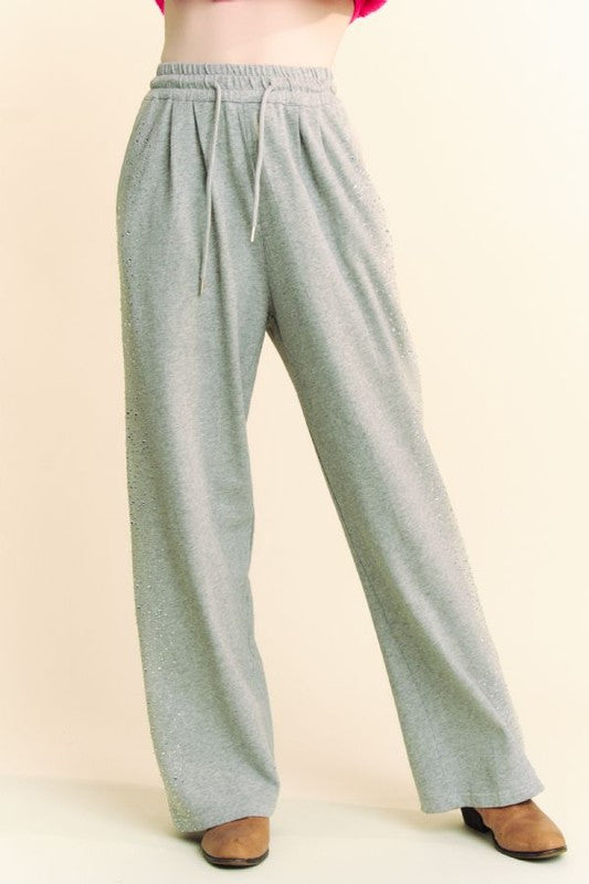 Rhinestone Elastic Waist Wide Leg Pants